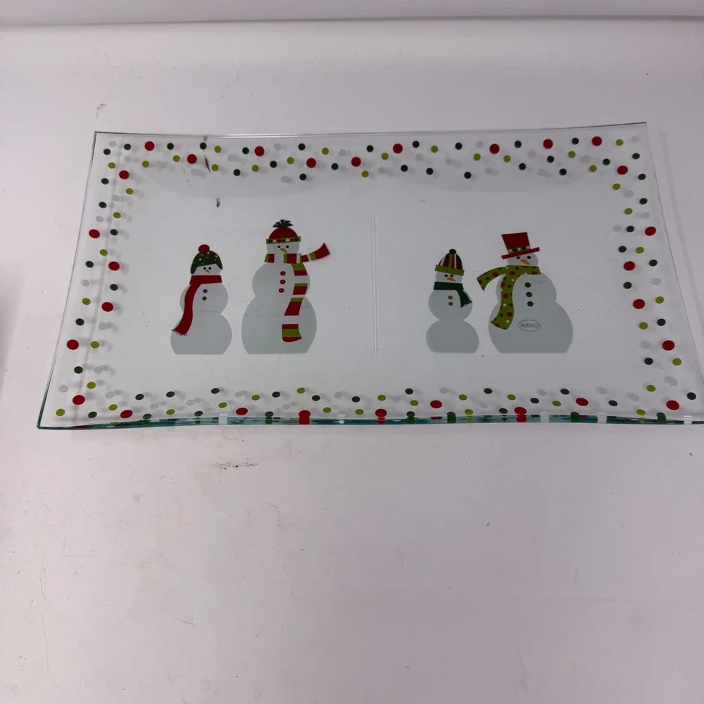 The Pampered Chef Snowmen‎ Dots Divided Platter Serving Tray  Christmas Glass
